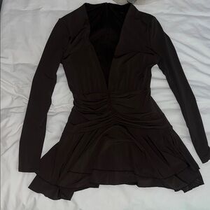 Long Sleeve Deep V Ruched Peplum Dress - Dark brown